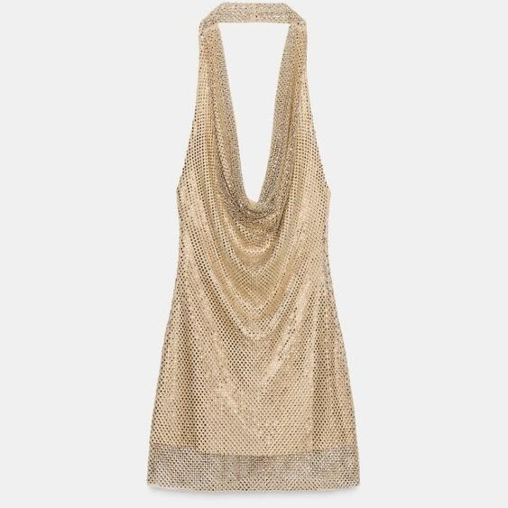 ZARA SHORT SPARKLY BACKLESS HALTER DRESS GOLDEN MEDIUM 4772/272/303 - NEW